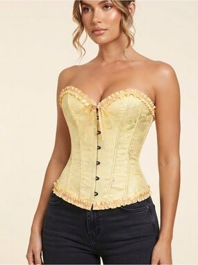 Pastel Yellow Floral Brocade Corset Top, Adjustable Lace-Up Back